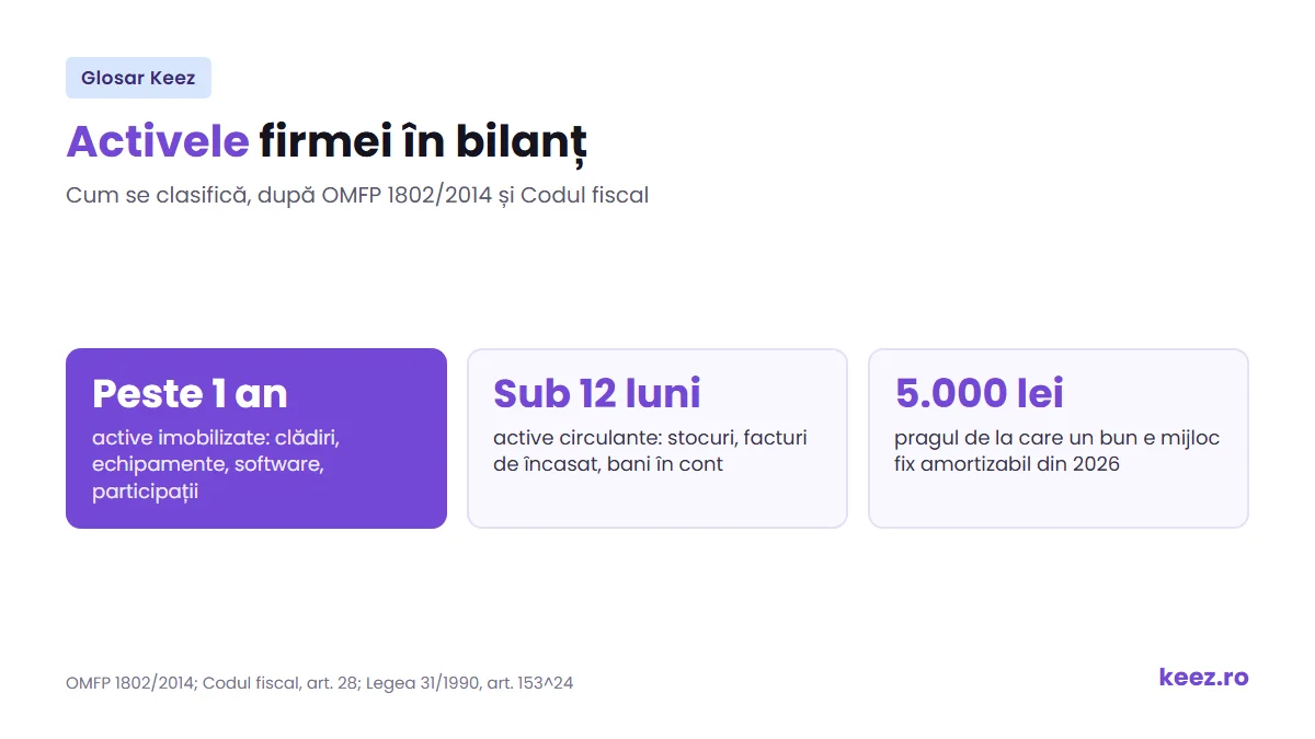 Active imobilizate și active circulante în bilanț, pragul de 5.000 lei pentru mijloace fixe din 2026 și activul net