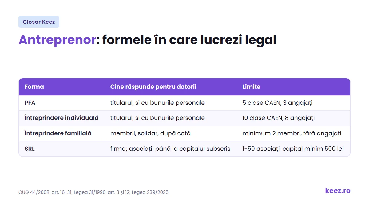 Antreprenor: formele legale PFA, întreprindere individuală, întreprindere familială și SRL, cu răspunderea și limitele fiecăreia