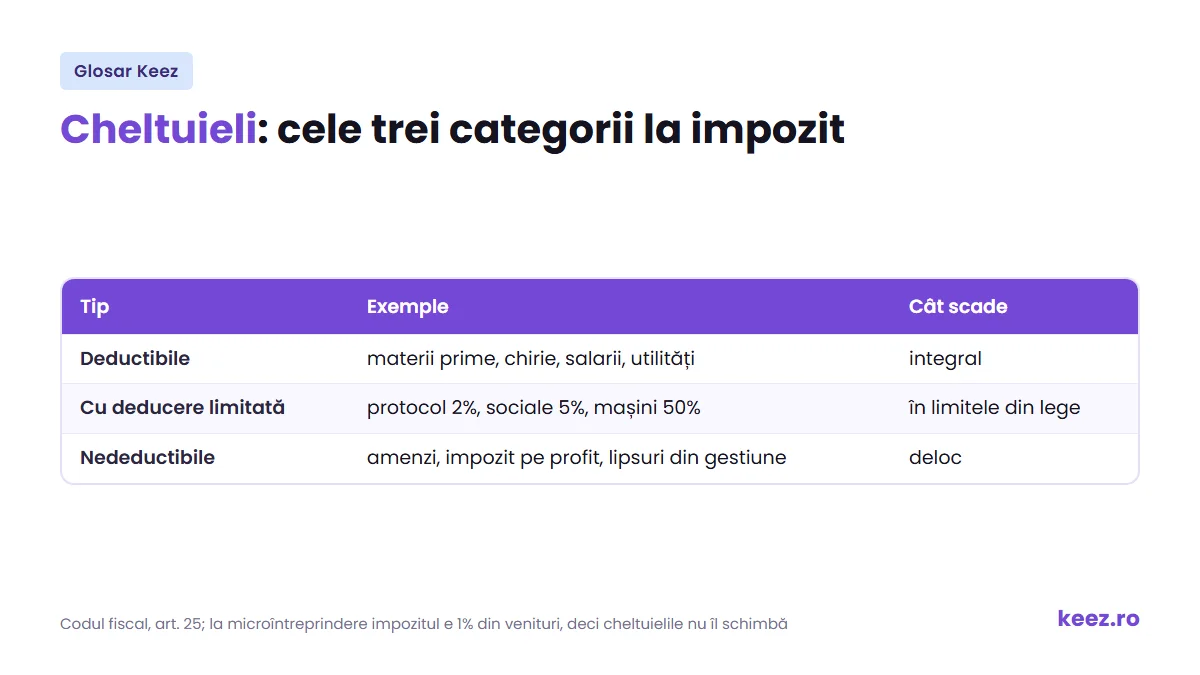 Cheltuieli: deductibile integral, cu deducere limitată și nedeductibile, cu exemple și limitele din Codul fiscal