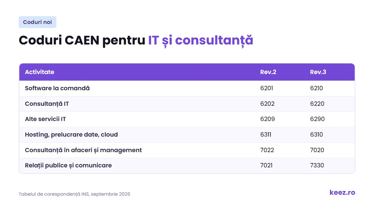 Coduri CAEN pentru IT și consultanță: codurile vechi din Rev.2 și codurile noi din Rev.3
