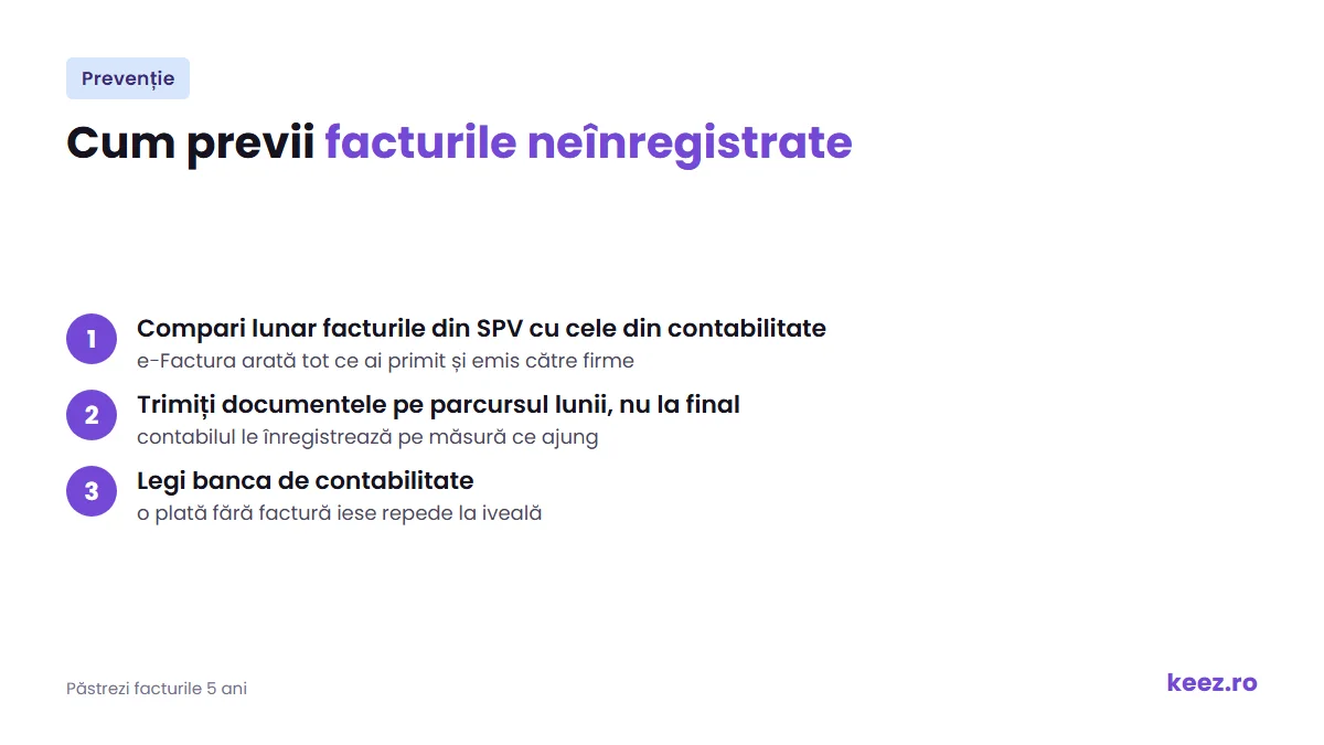 Cum previi facturile neînregistrate: verificarea SPV, documente trimise pe parcursul lunii, banca legată de contabilitate