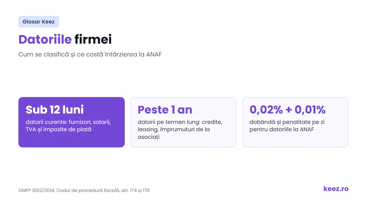 Datorii curente și pe termen lung în bilanț, cu dobânda de 0,02% și penalitatea de 0,01% pe zi la ANAF