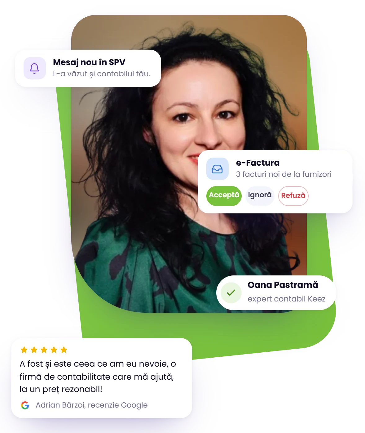 Oana Pastramă, expert contabil Keez, lângă notificări din aplicația Keez