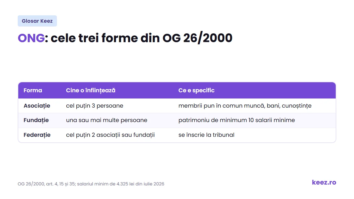 ONG: asociație, fundație și federație, cu numărul minim de membri și patrimoniul cerut de OG 26/2000