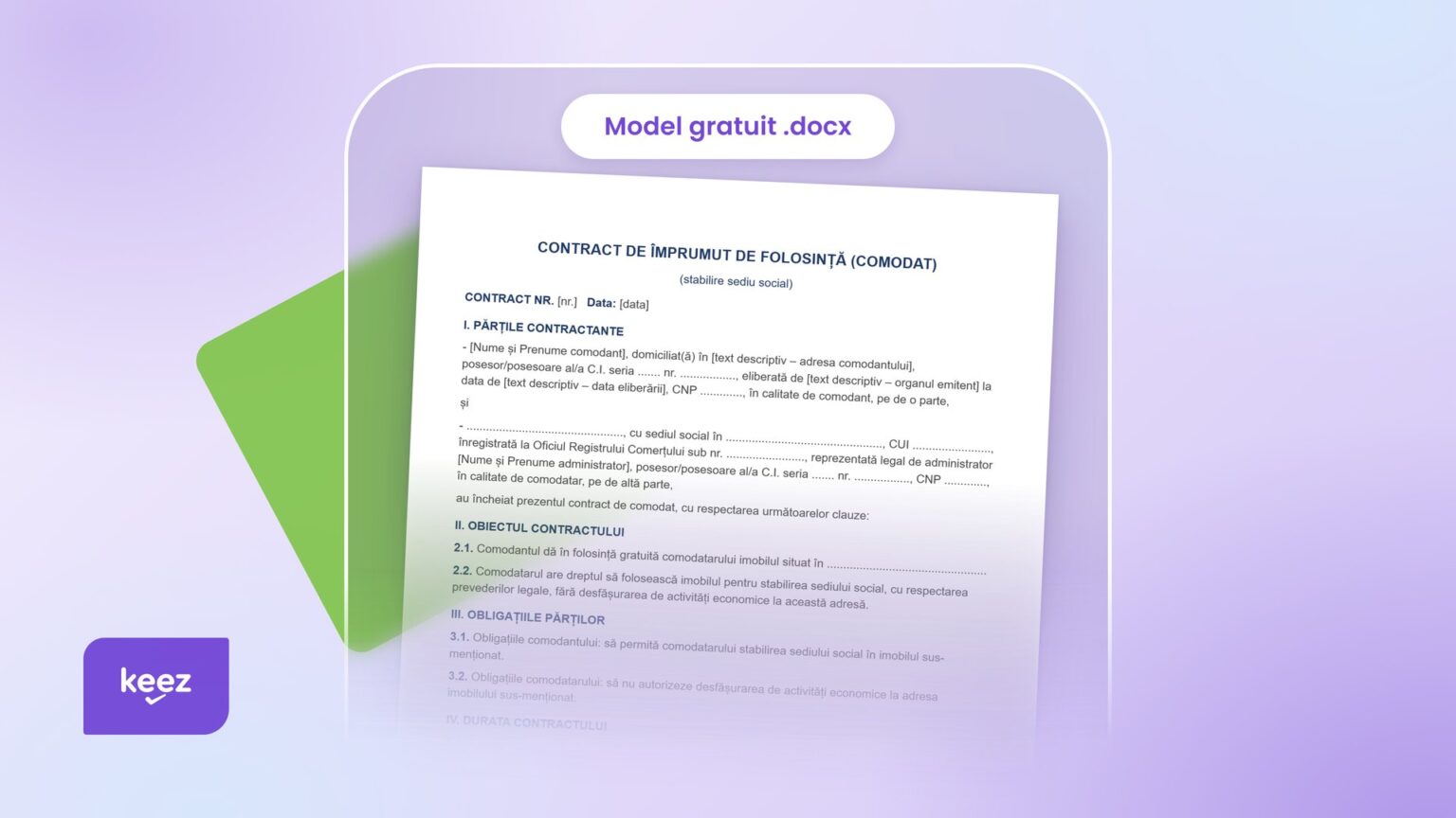 Contract de comodat pentru sediul social, model Keez în format Word