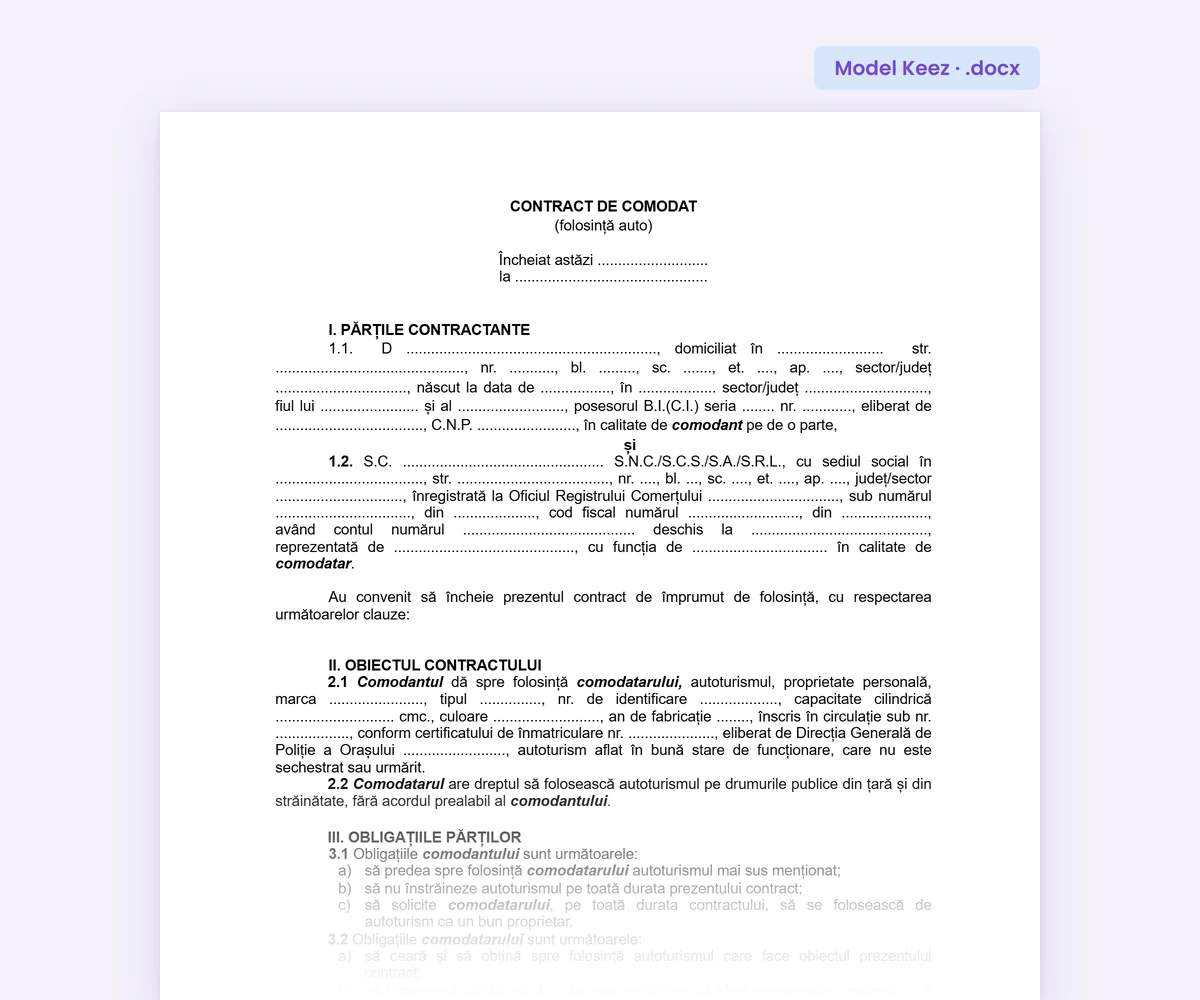 Prima pagină a modelului Keez de contract de comodat auto