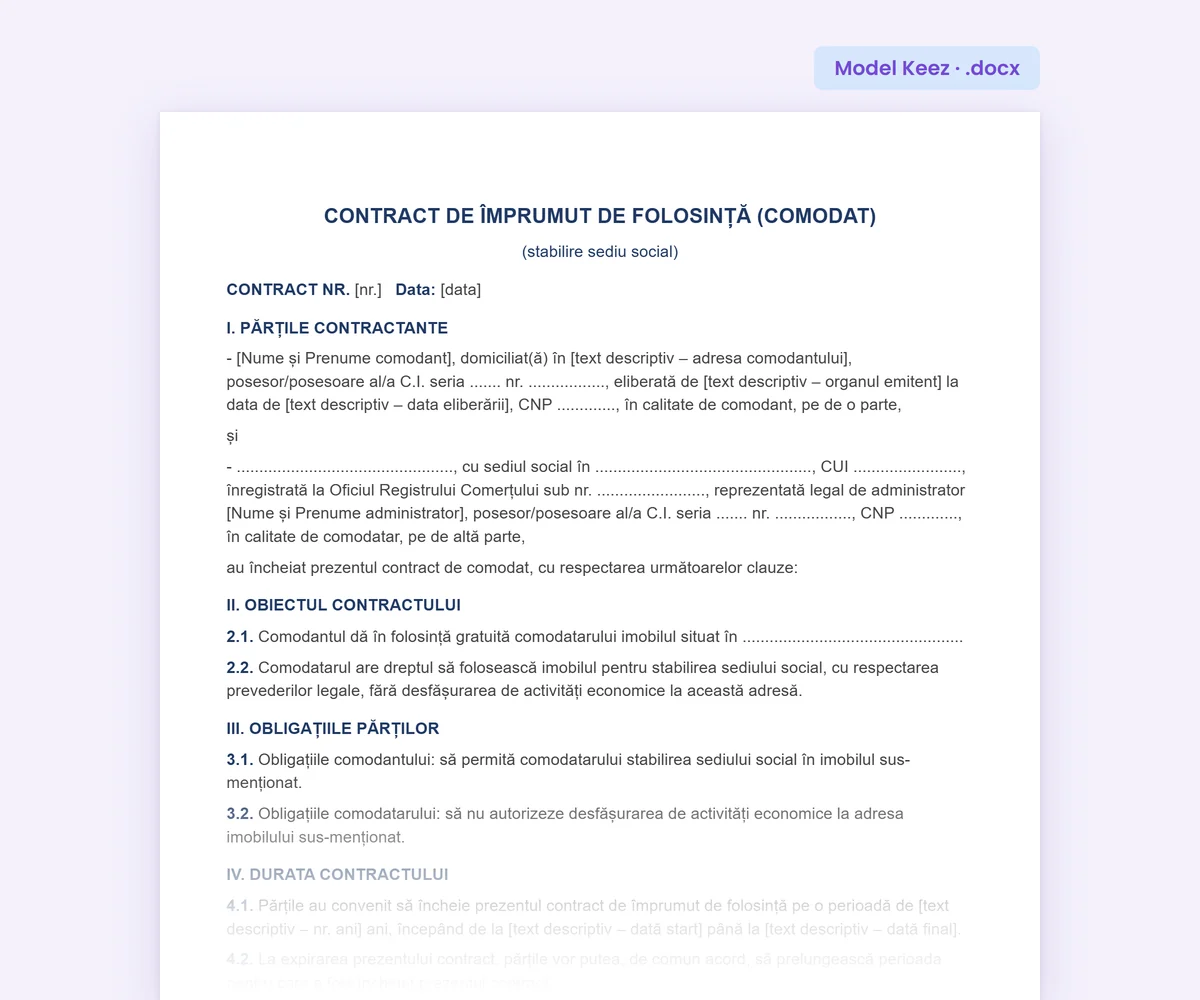 Prima pagină a modelului Keez de contract de comodat pentru sediul social